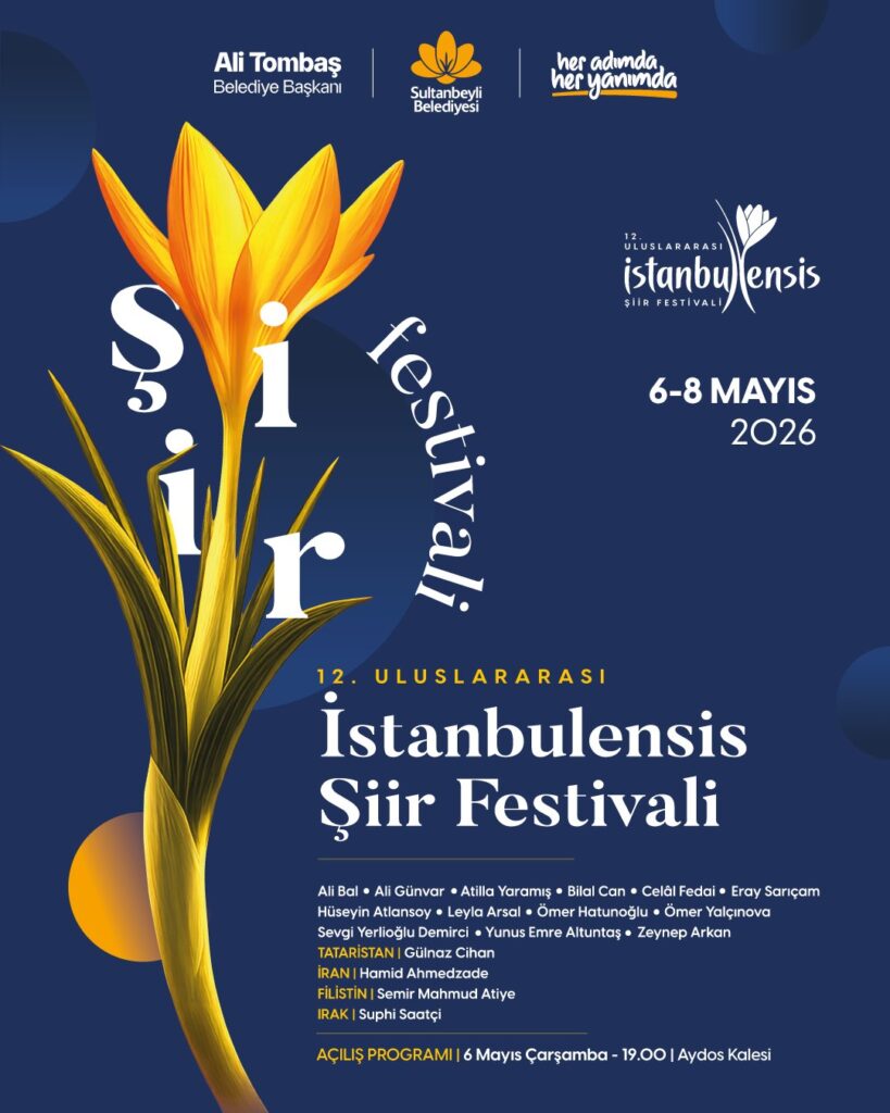 İstanbulensis Şiir festivaline ait konuk isimlerinin yazdığı lale resimli mavi renkli bir afiş